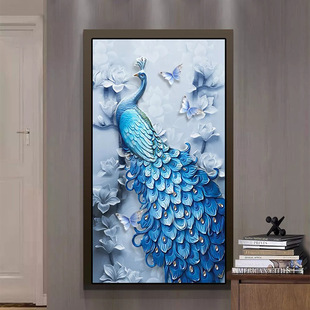 浮雕立体孔雀玄关背景墙壁纸简约现代装饰画欧式走廊竖版挂画墙