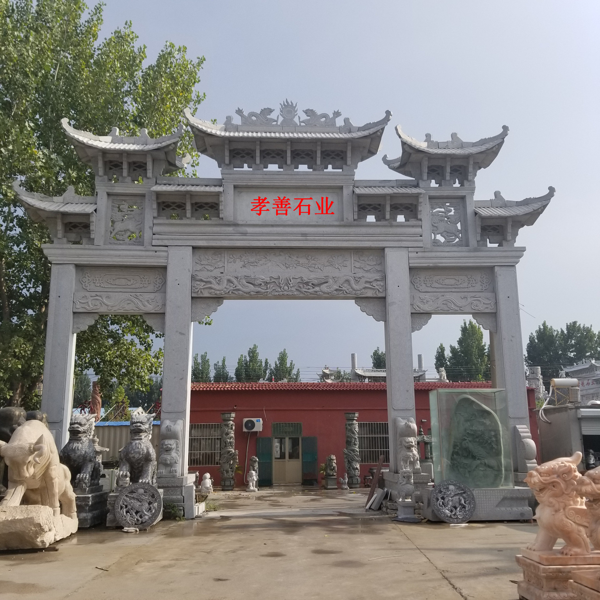 厂家直销石牌坊牌楼村口三门七楼花岗岩芝麻白石牌坊牌楼加工定制