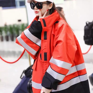 戚薇明星同款大红色oversize中长款羽绒服女2018新款情侣工装外套