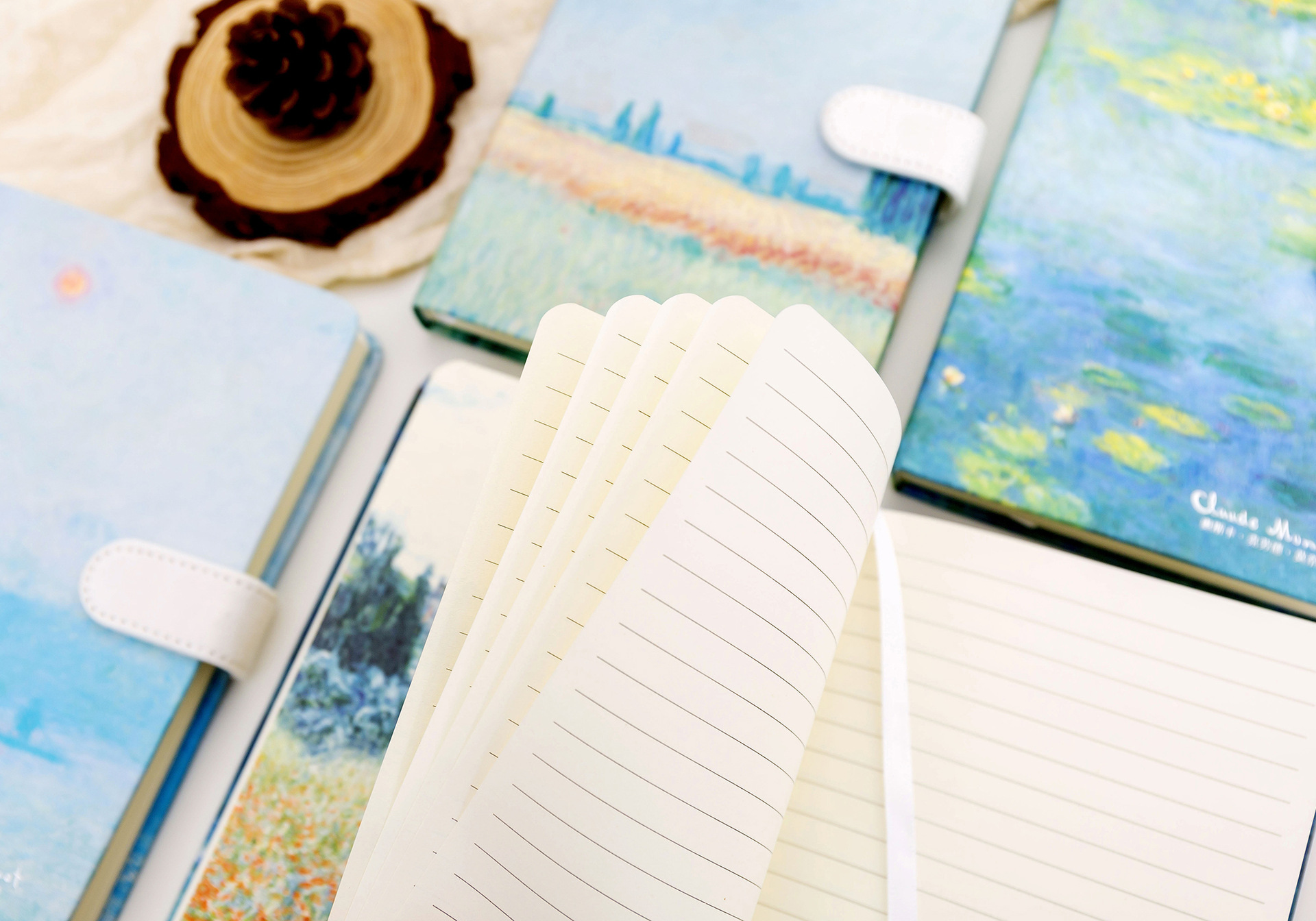 唯美硬面抄精装本莫奈油画磁扣本插画横线学生记事本现货笔记本子