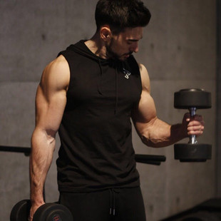 肌肉健身兄弟纯棉马甲男连帽衫运动薄款无袖套头衫背心一件代发
