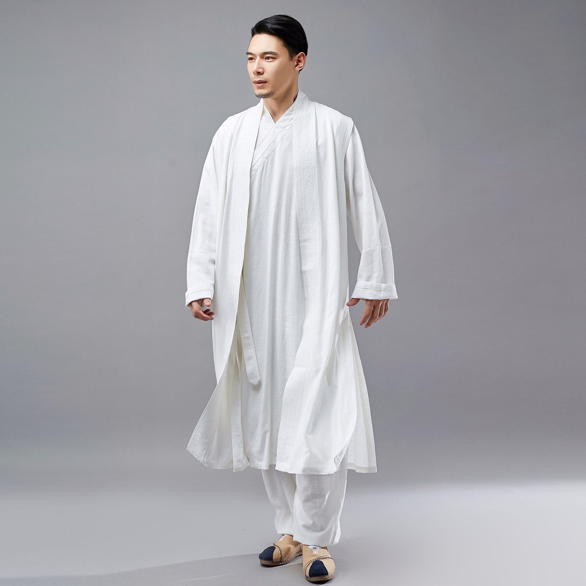 麻凡春季新款男士仙气长马褂洗水亚风男长衫罩衫休闲长马甲