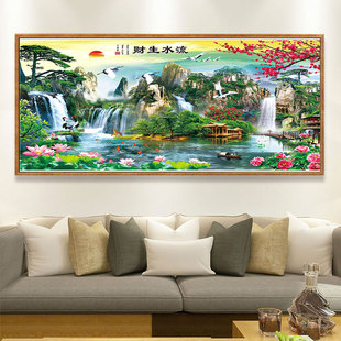 新款流水生财满钻异形钻5d山水钻石画客厅办公室挂画点贴砖石绣