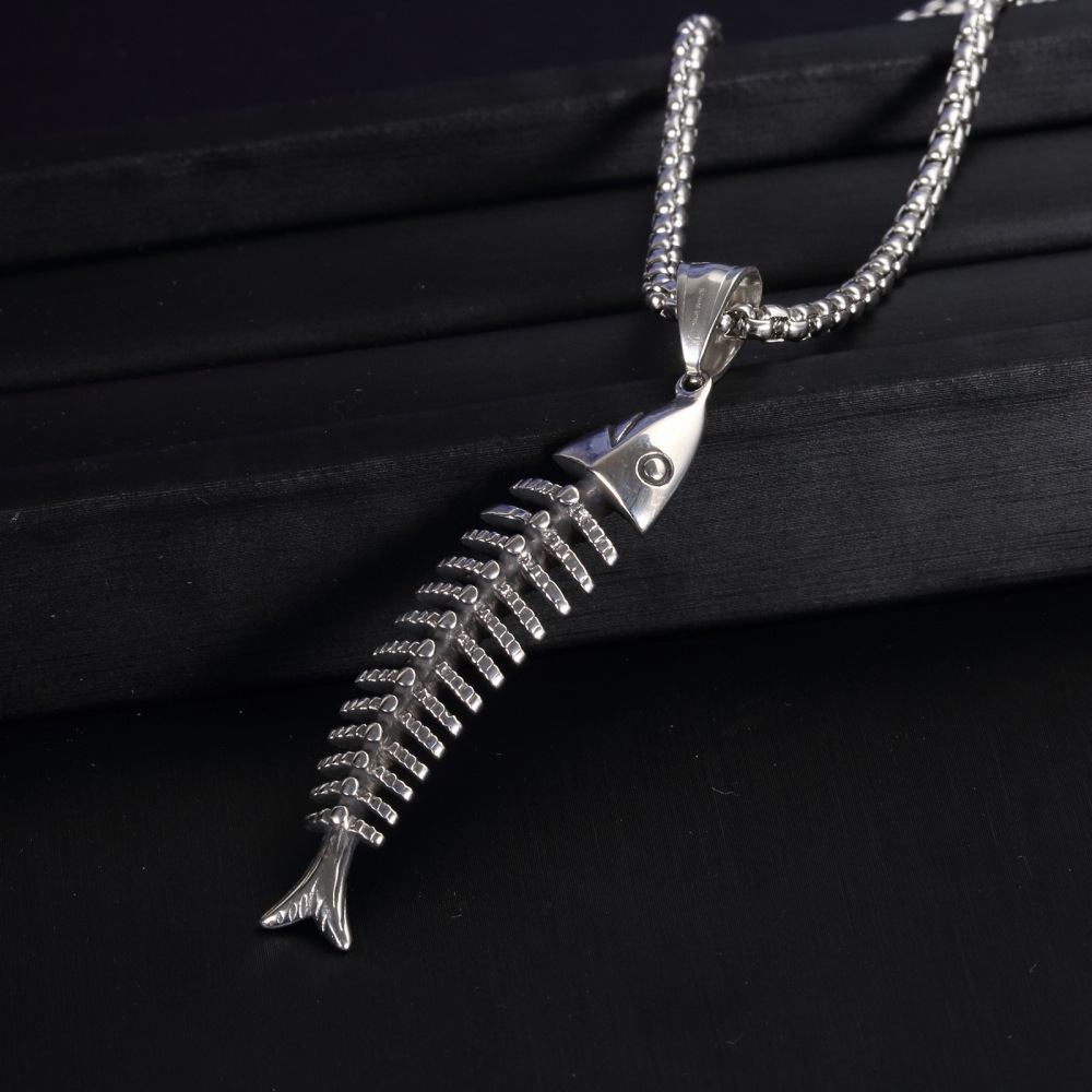 男士鱼骨头项链不锈钢复古吊坠 钛钢饰品批发 跨境亚马逊货源