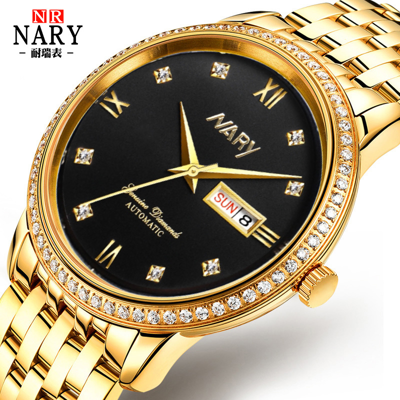 nary/耐瑞男士机械手表全自动镶钻时尚商务精钢防水机械腕表18092