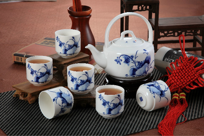 景德镇陶瓷茶具手绘青花茶具功夫茶具10头釉上彩高档骨瓷茶具套装