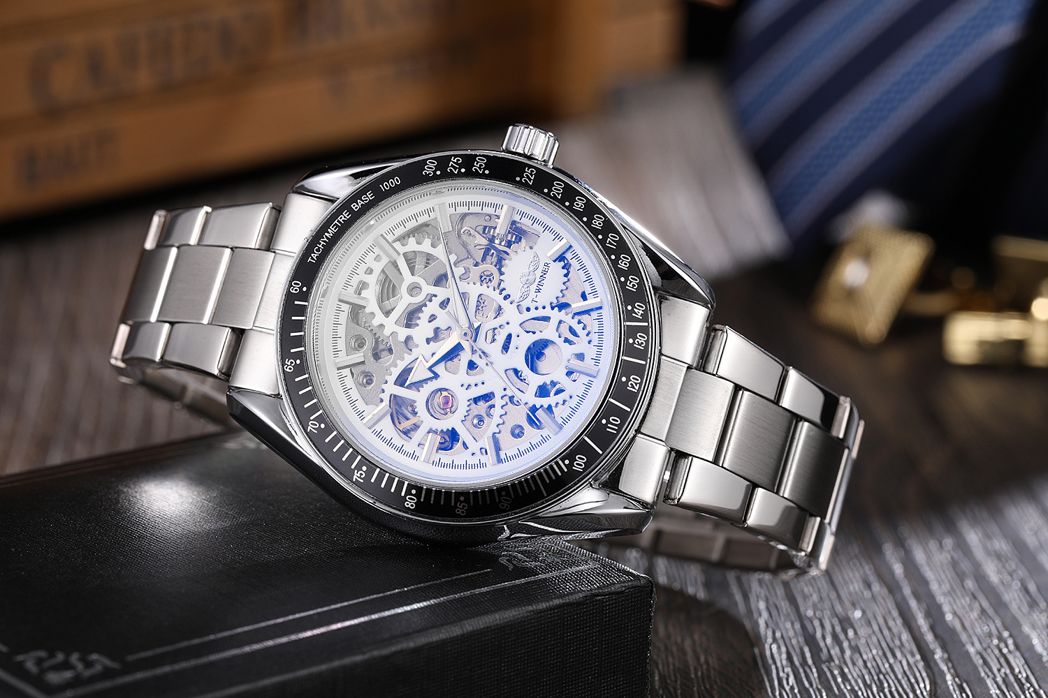 新款forsining 欧美男士时尚休闲蓝玻璃防水齿轮 全自动机械手表