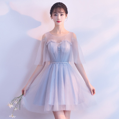 伴娘服短款2019春季新款韩版灰色伴娘礼服婚礼姐妹团女晚礼服显瘦