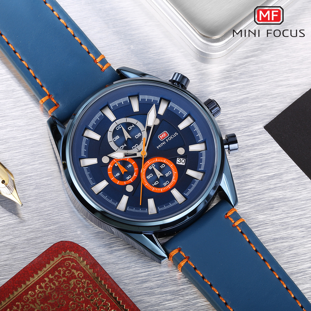 minifocus福克斯 mf0083g 男士石英表 皮带日期三眼水夜光手表