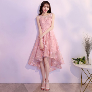 晚礼服2019新款秋季韩版短款粉色伴娘服前短后长订婚宴会连衣裙女