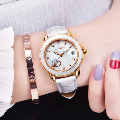 格雷曼正品石英表女休闲时尚潮流三针日历心纹陶瓷皮带女表