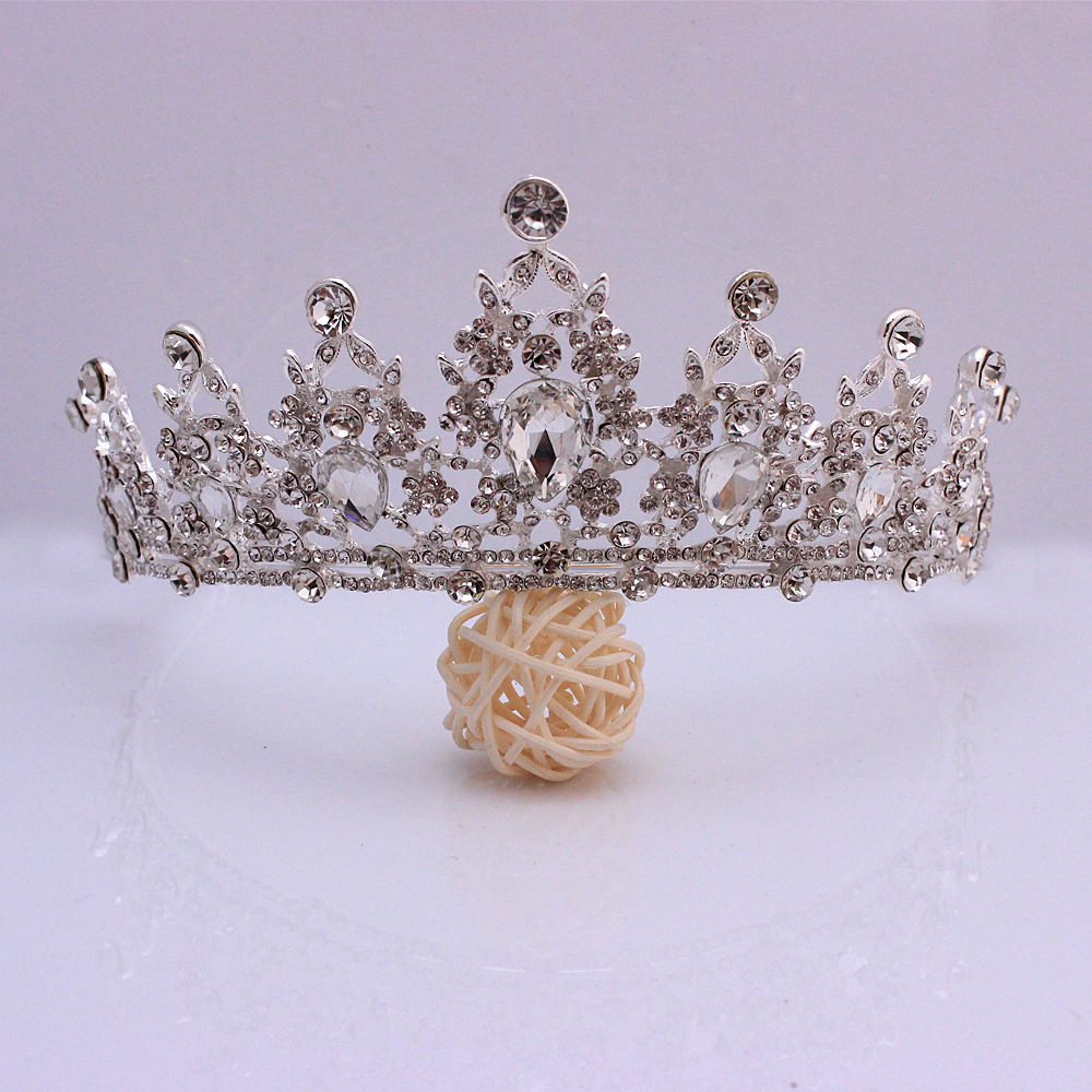 欧美走秀王冠新娘头饰 白色水晶皇冠新娘公主巴洛克皇冠婚纱配饰
