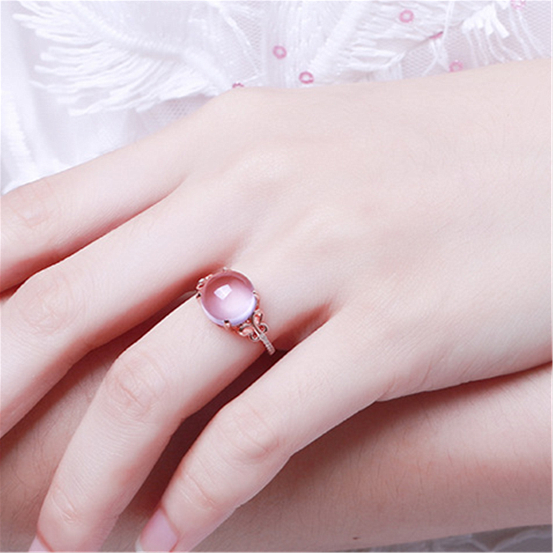 芙蓉石蝴蝶戒指粉水晶镀玫瑰金女士指环日韩版食指尾戒子厂家代发