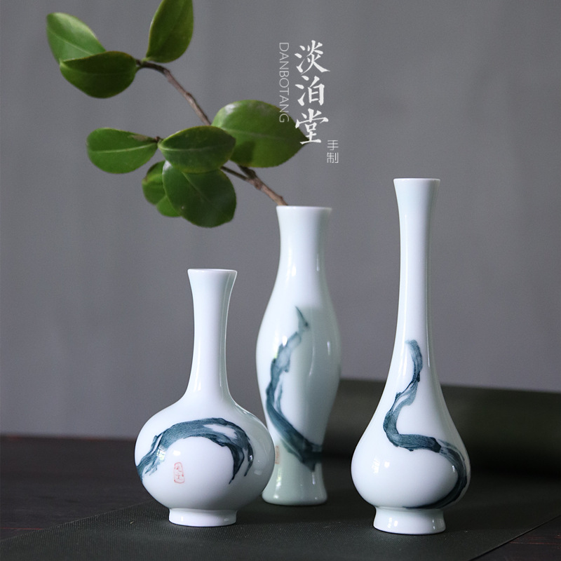 景德镇手绘水墨中国风禅意中式小花插花瓶家居装饰摆件