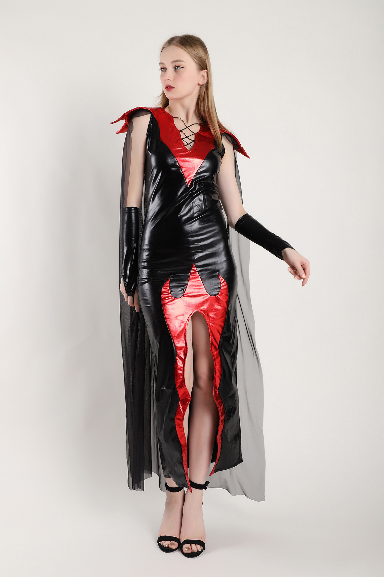 外贸万圣节cos女巫恶魔角色扮演皮长裙吸血鬼舞台派对演出服批发