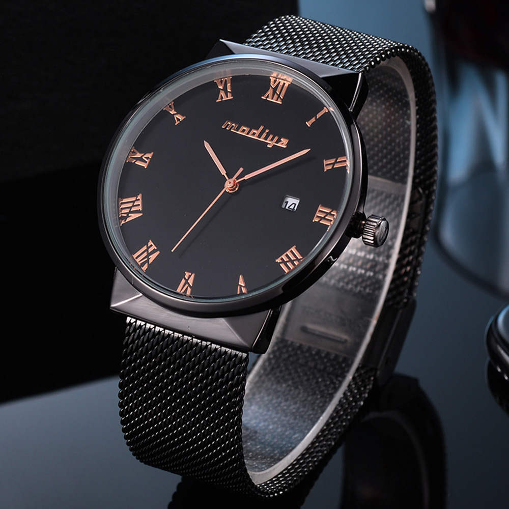 石英表厂家批发 modiya断刻度钢丝带手表 时尚防水日