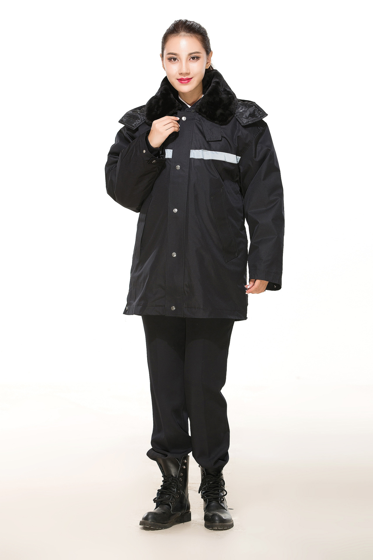 保安大衣冬季棉服男式中长款勤务大衣黑色保暖多功能防寒反光条棉