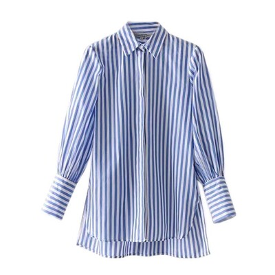欧美风2018春季宽松显瘦中长款衬衣蓝条纹前短后长单排扣衬衫女