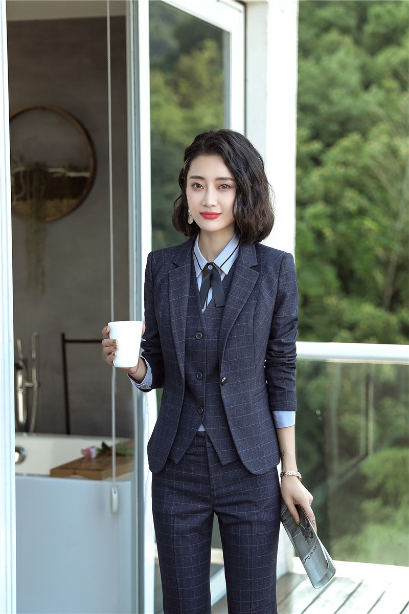yzh8236格子韩版长袖精英西装毛料ol职业女套装工作服/一件代发