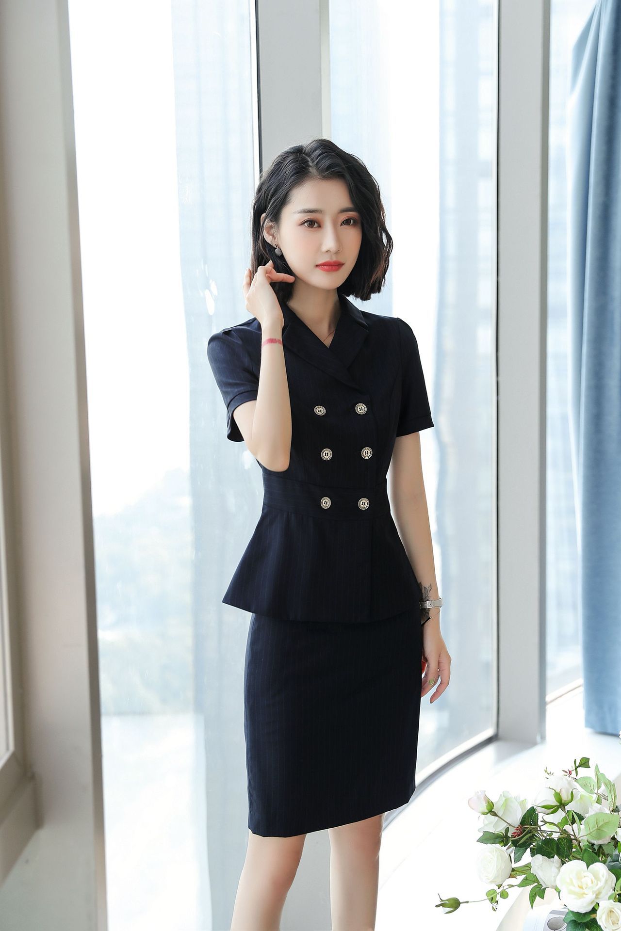 职业套装女夏季2018新款时尚气质商务西装修身套裙正装工作服短袖