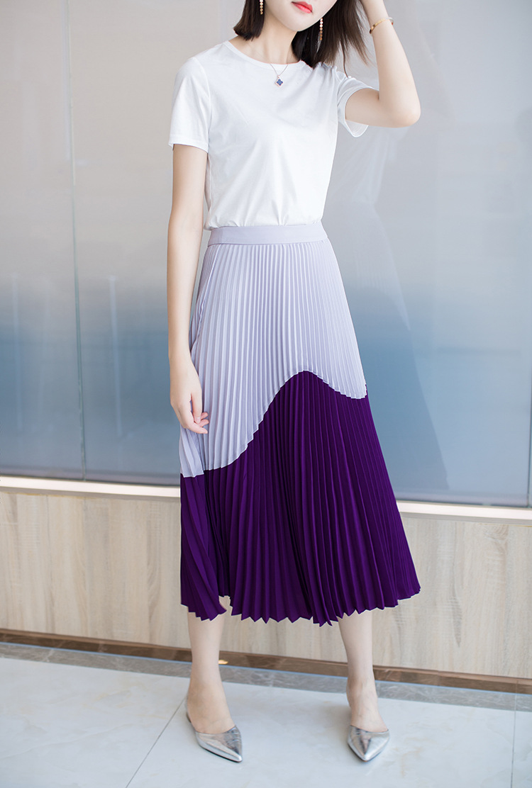 凤舞丝路梦幻紫色系波浪百褶长裙夏季休闲百搭拼色气质百褶裙