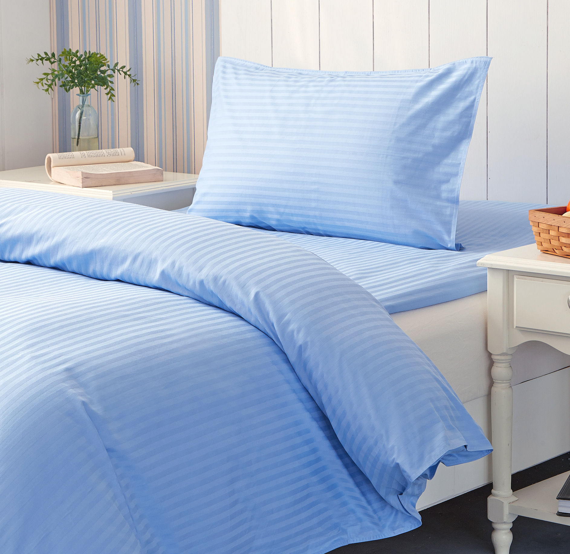 公寓宿舍学生三件套 3cm天蓝色全棉缎条四件套 纯棉床单被套枕套