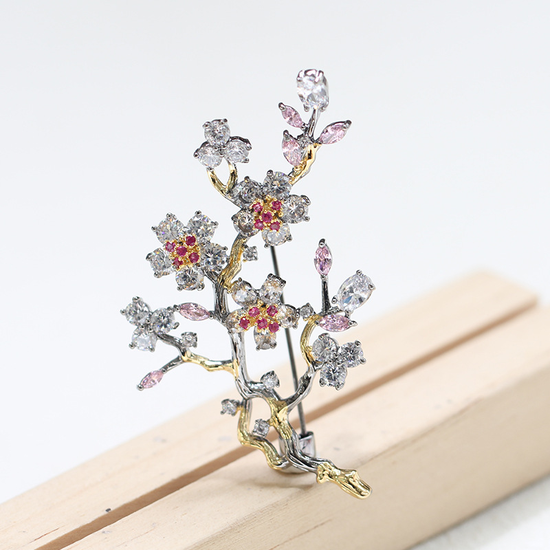 太阳云新品复古双色金树枝胸针气质简约镶石梅花枝别针男女款配饰