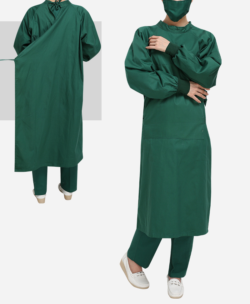 圣兰格尔墨绿纯棉全包手术衣后对开插肩袖手术服医生洗手衣批发价