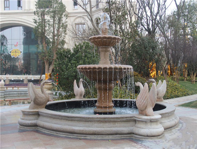 工厂直销简约天然大理石双层喷泉 小区园林石雕黄锈石喷泉景观