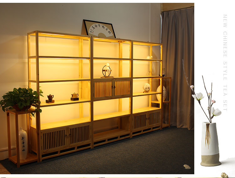 【八浪】新中式美国松木展示柜精品陶瓷展架茶叶展示柜带led灯架
