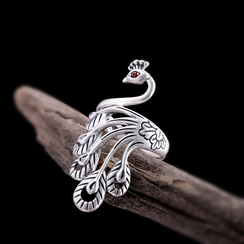 人品银品足银饰品哑光精工工艺泰银开口女士孔雀戒指修长玉指跨境