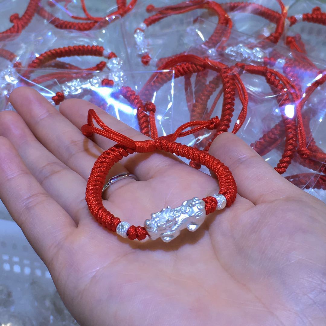 儿童999纯银貔貅手链男女手串编织红绳手链情侣宝宝小孩本命手链