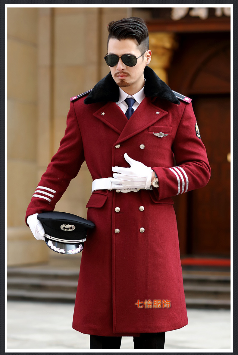 定做新款男保安大衣酒红色物业房产售楼部形象岗礼宾服冬装大衣