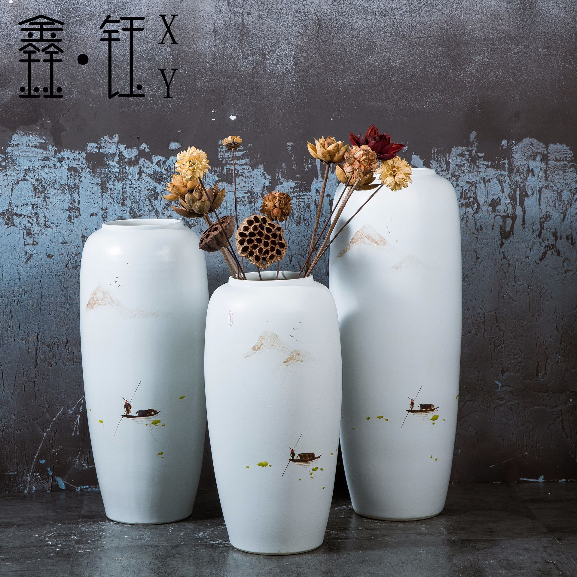 欧式复古陶瓷花瓶 景德镇陶瓷器花瓶摆件 落地大花瓶三件套