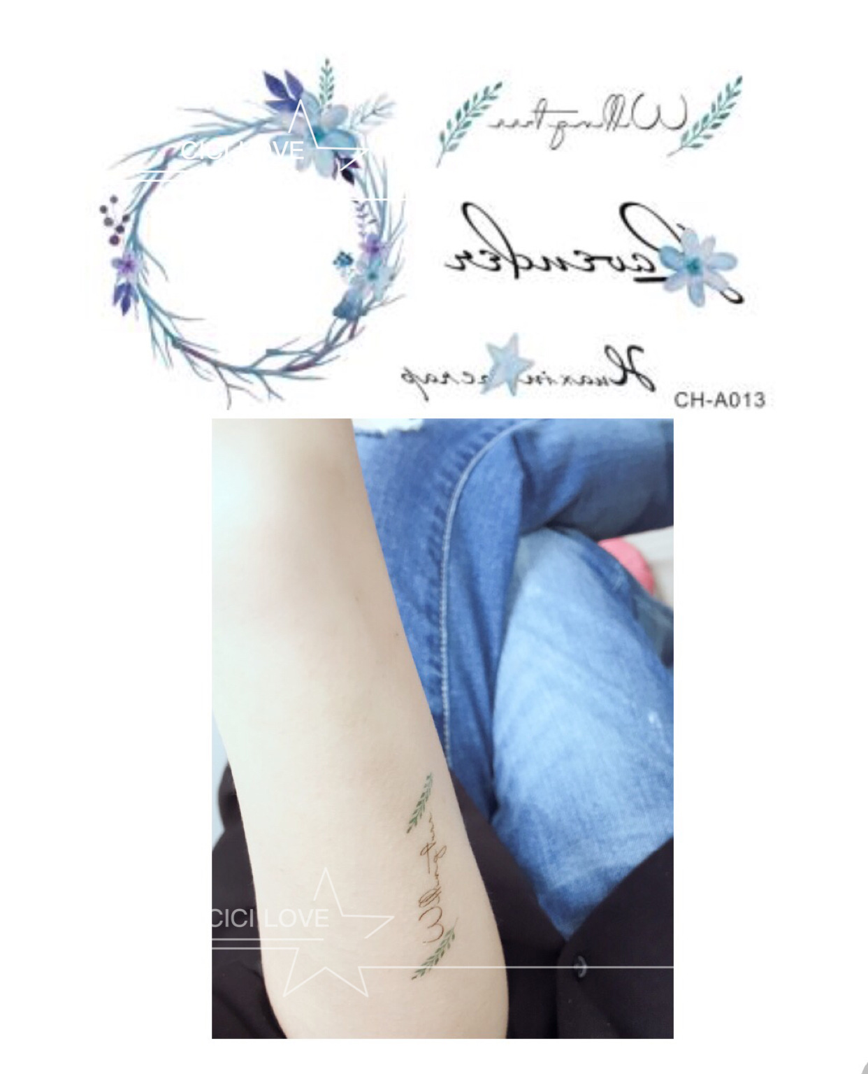 蓝色树叶花环纹身贴清新田园浪漫纹身贴防水纹身贴女神美小清新