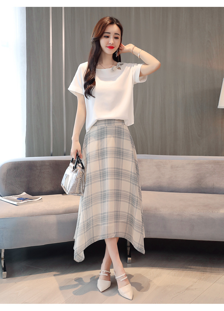 2018夏季新款女装韩版两件套气质显瘦裙子过膝裙t桖中长款格纹裙