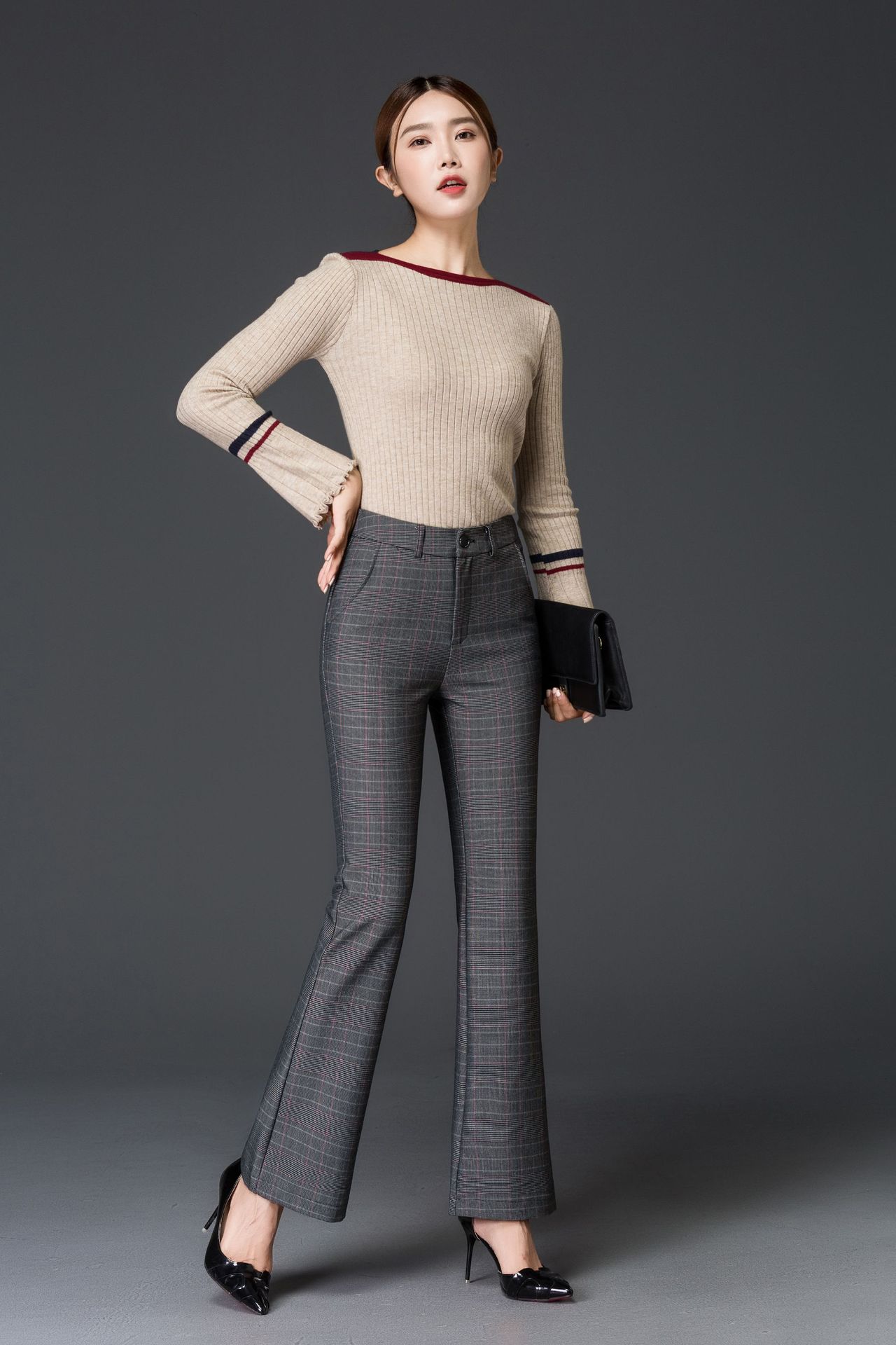 2019秋季新款休闲裤千鸟格时尚弹力长裤高腰显瘦女裤微喇裤g8503