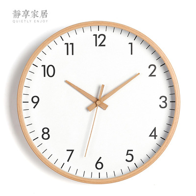 实木挂钟表木质日式圆形静音木针 风花雪月 日式数字刻度 带秒针