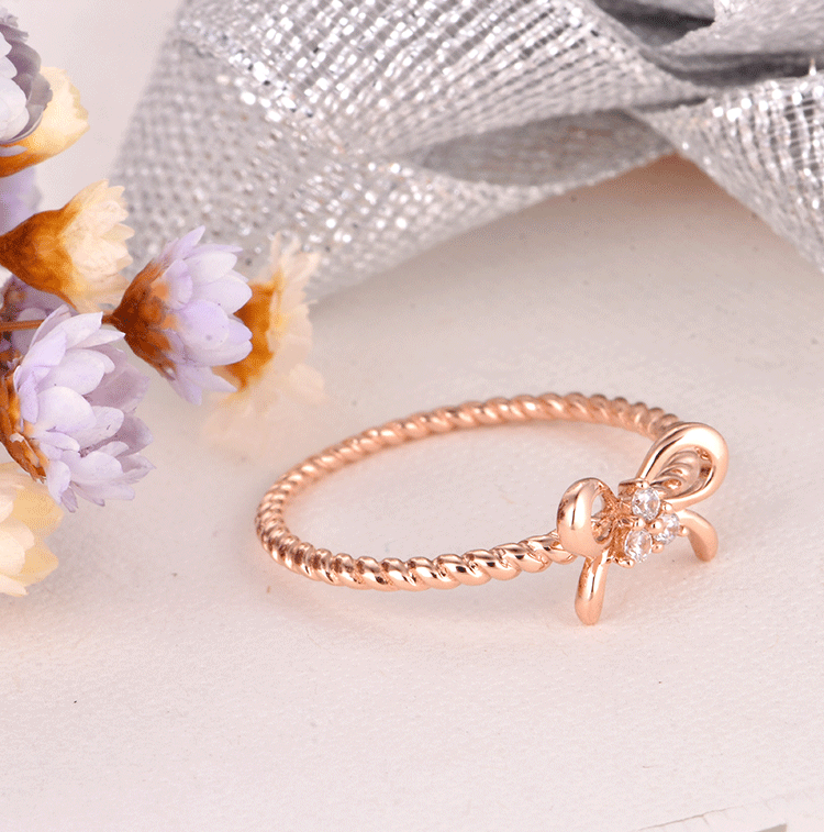 日韩小清新蝴蝶结9k钻石戒指14k玫瑰金尾戒18k黄白金女介子定制