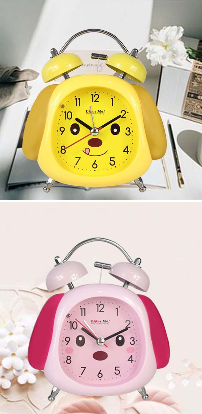 创意新款时尚可爱卡通小狗闹钟 儿童学生礼物卧室静音夜灯打铃钟