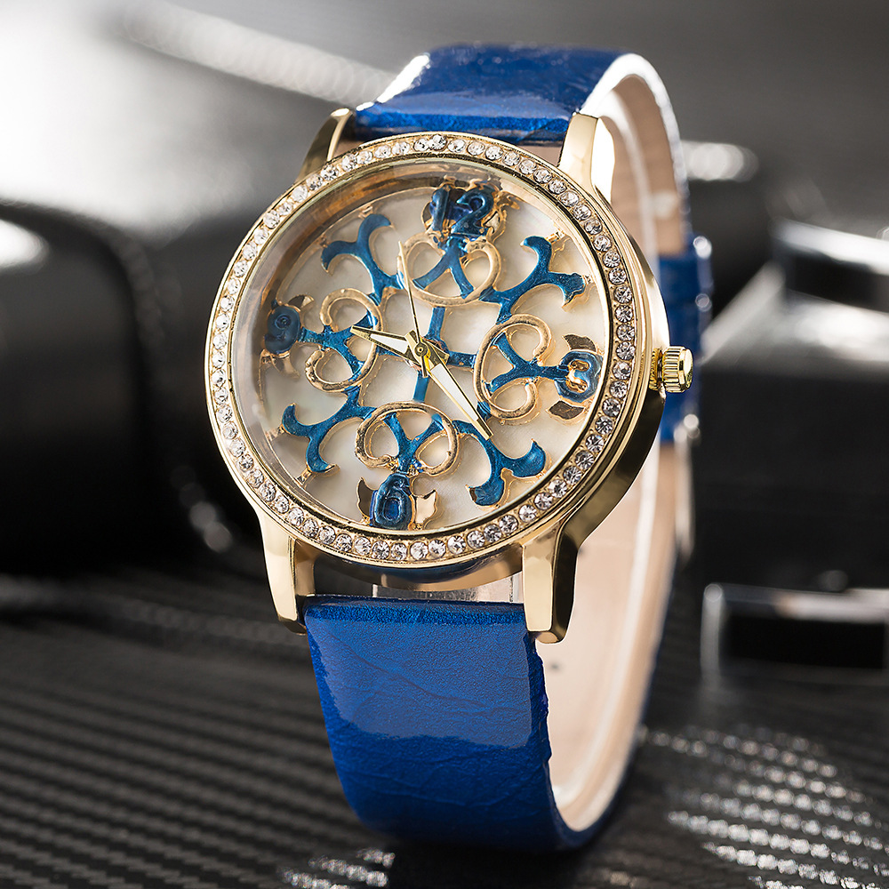 新款仿珐琅表盘手表精美休闲礼品表彩色艺术雕花女士皮带石英表