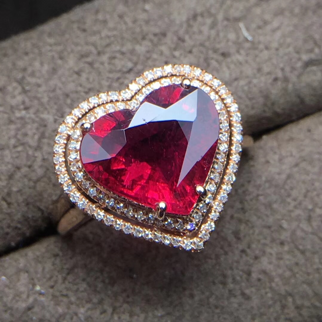 厂家批发 简约天然卢比来红碧玺心形戒指 18k金镶嵌红宝石戒指女