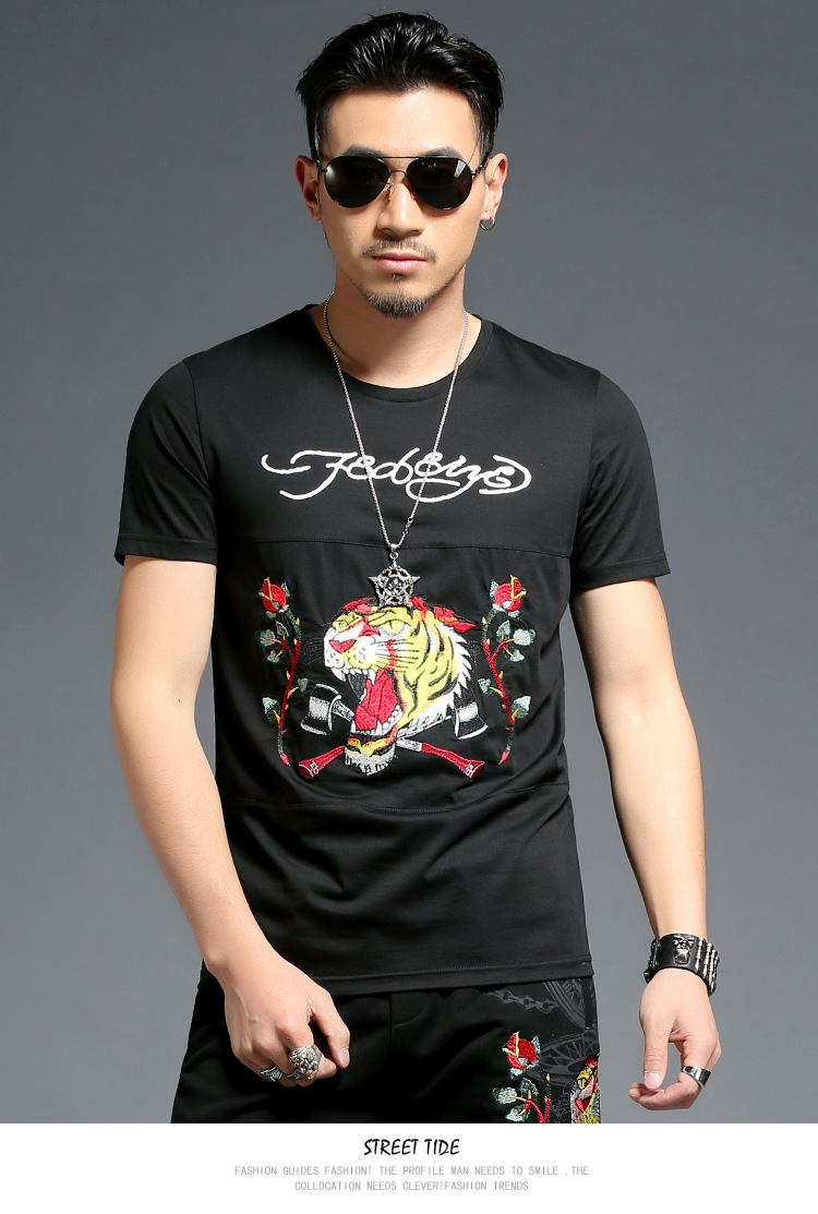 淘佰叶潮牌短袖t恤男刺绣老虎头图案半袖个性霸气印花莱卡棉15016