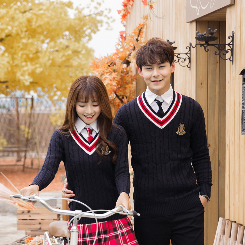 秋冬日韩中学生校服毛衣英伦学院风情侣班服