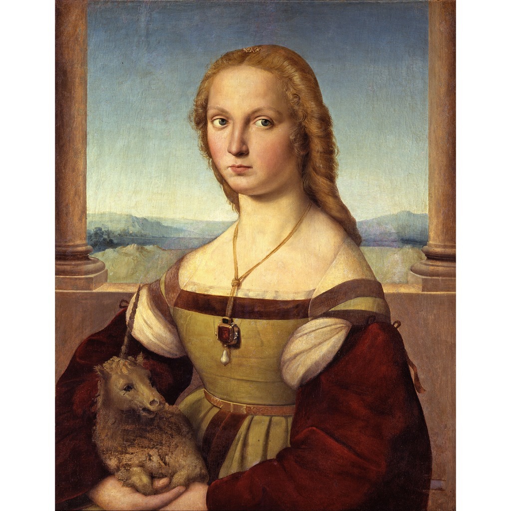 别墅酒店大堂展厅装饰挂画拉斐尔抱独角兽的女孩艺术微喷油画画芯