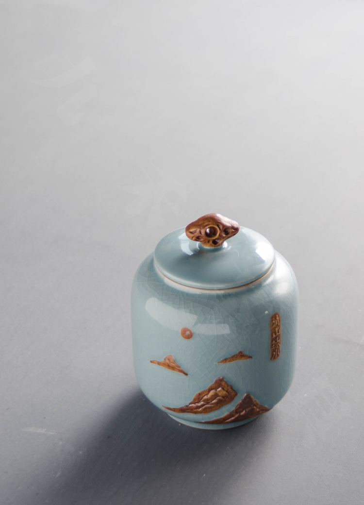 陶瓷黑陶浮雕山水存茶复古哥窑开片茶叶罐功夫茶具密封半斤装批发