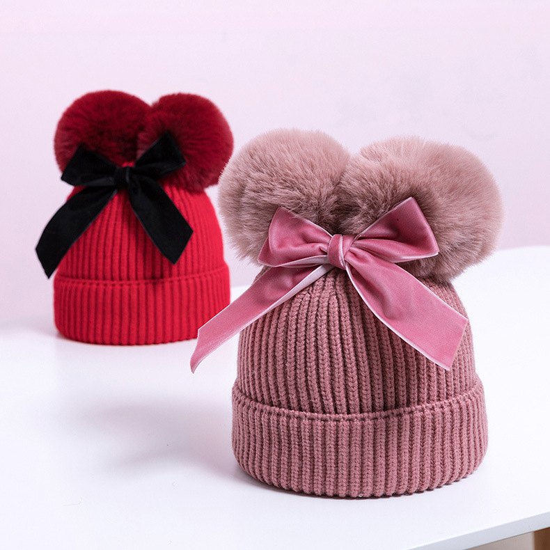 Double Ball Bowknot Cross-Border Preferred Baby Cap Wool Children's Hat Autumn and Winter Thickening Baby Hat Children's Knitted Hat