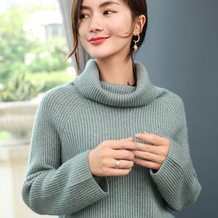秋冬女盆领套头加厚宽松慵懒毛衣元宝针喇叭袖羊绒针织打底衫
