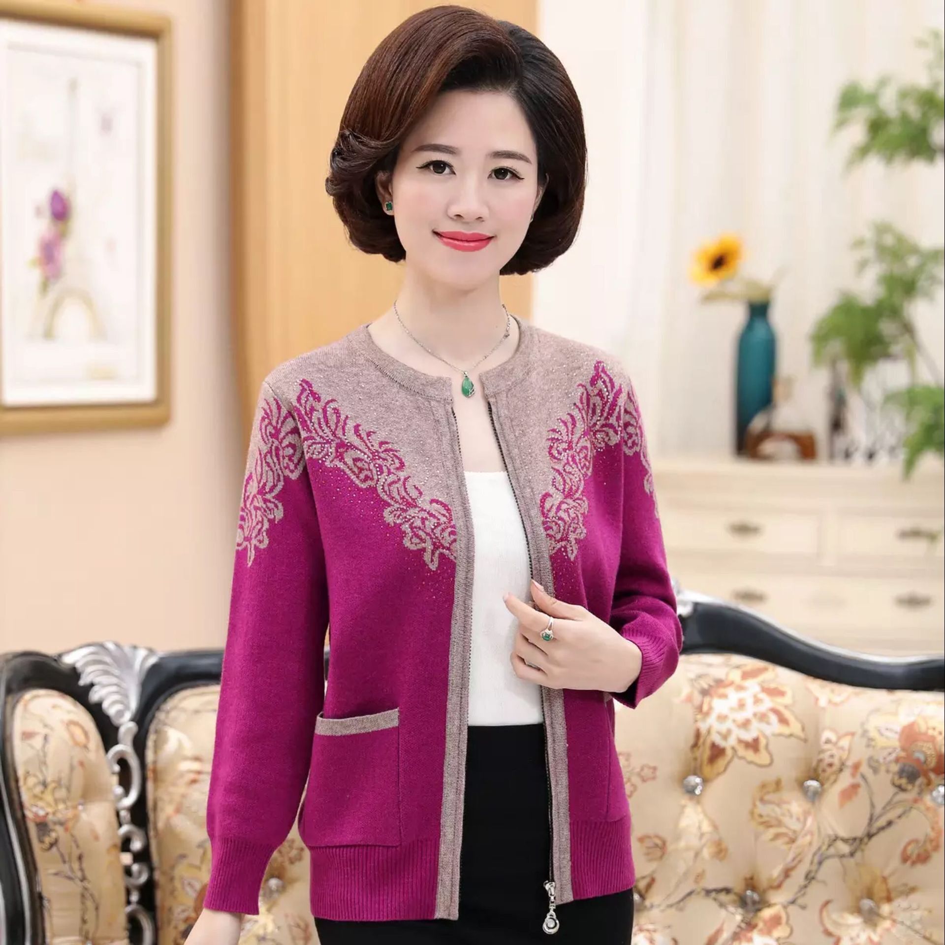 2018秋冬中老年女装开衫毛衣时尚百搭女式针织衫毛衣厂家直销货源