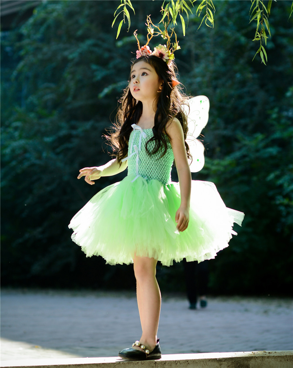新款女童万圣节礼服表演套装儿童花精灵装扮绿色翅膀走秀小仙女裙